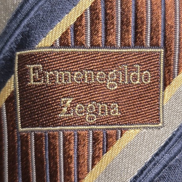 Ermenegildo Zenga Brown with Black, Grey & Gold Diagonal Stripes Silk Tie - Picture 3 of 4